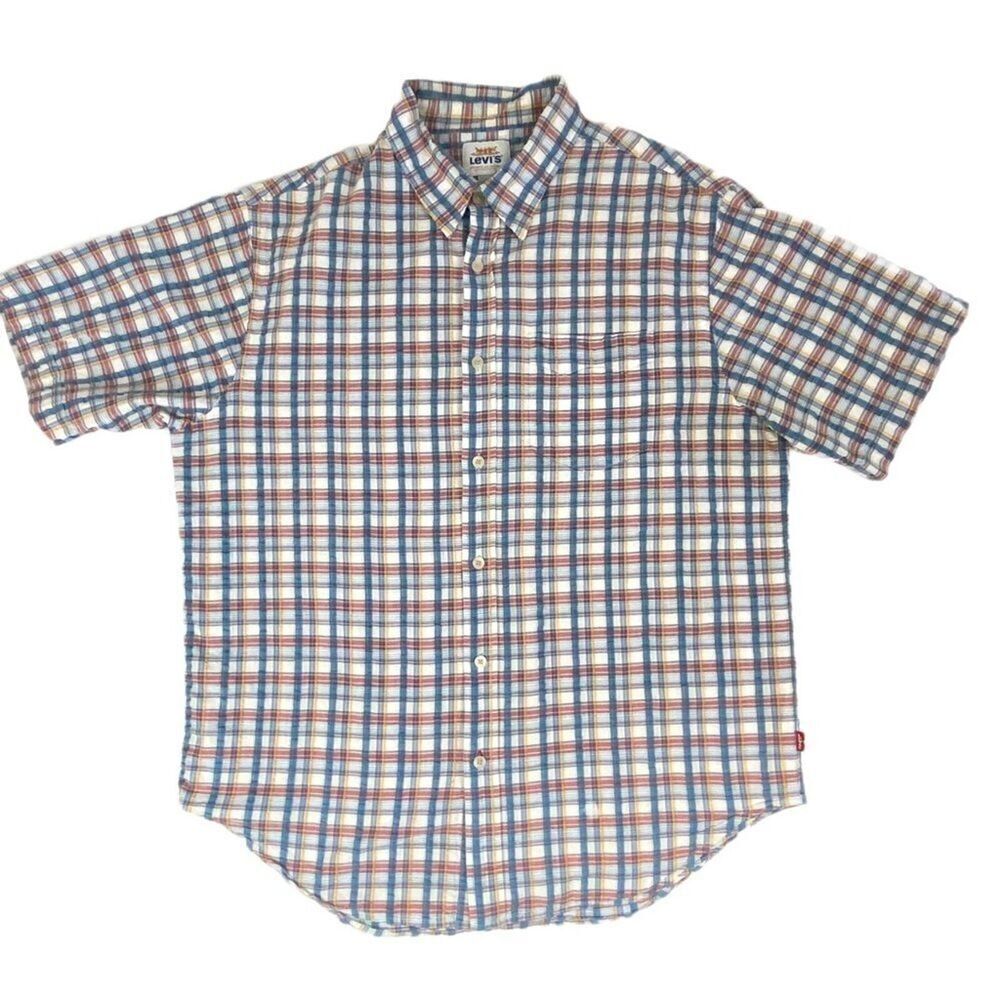 Levi’s Button Up Shirt Mens Sz Large Multicolor Plaid Seer Sucker Short Sleeve